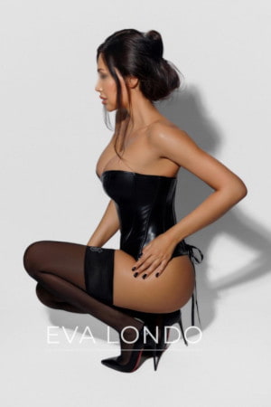 Busty brunette in a basque on her hunches